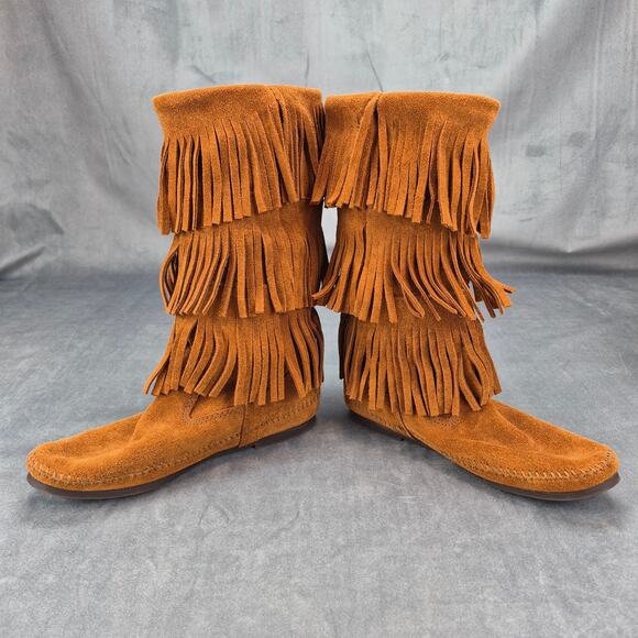 MINNETONKA 1632 Moccasin Boots 3 Layer FRINGE Brown Suede Leather 8 Boho Hippy - Picture 6 of 8